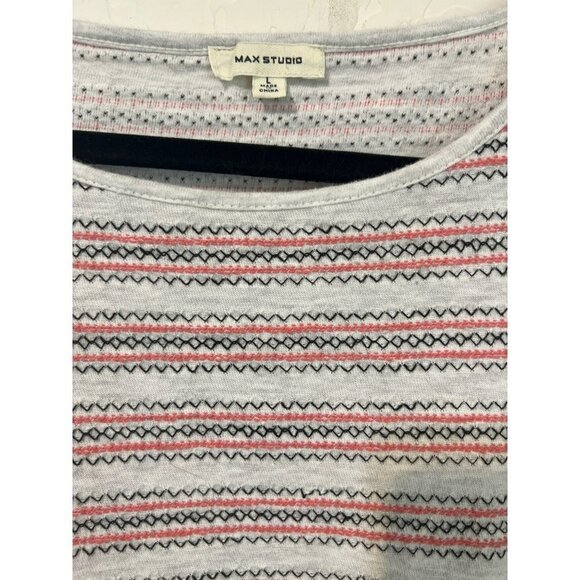 Max Studio Sz L Ruffle Sleeve Embroidered Stripe Top Coral Black White - Picture 3 of 7